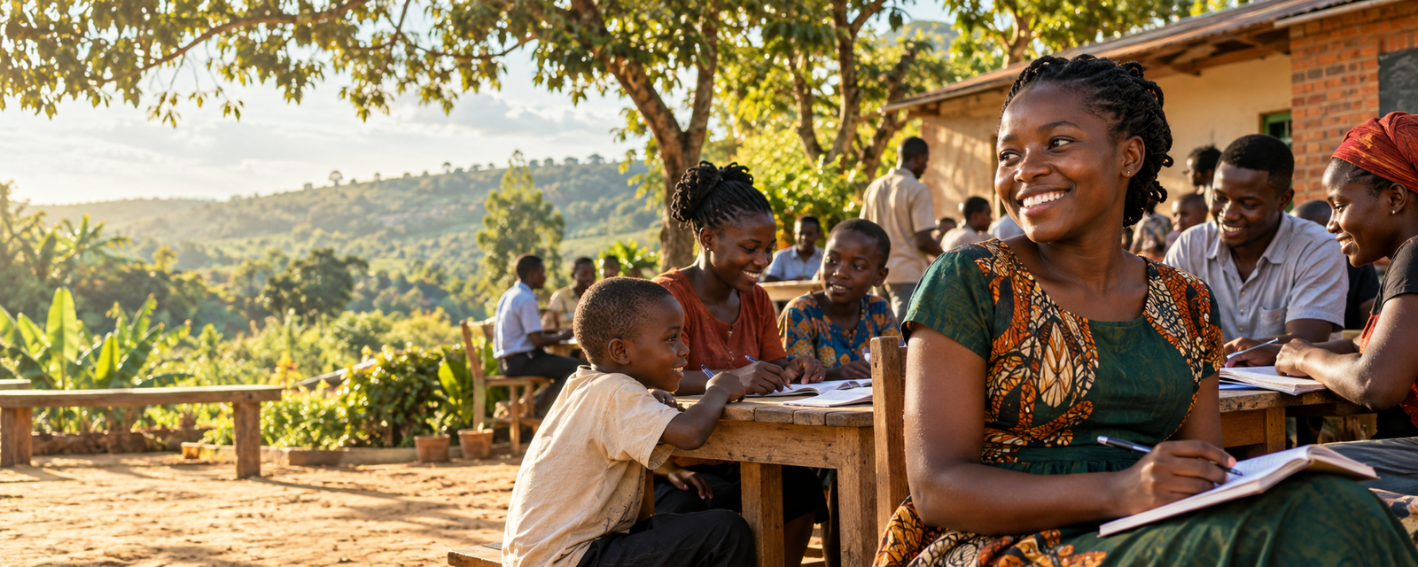 Young people learning together at a community activity in Uganda