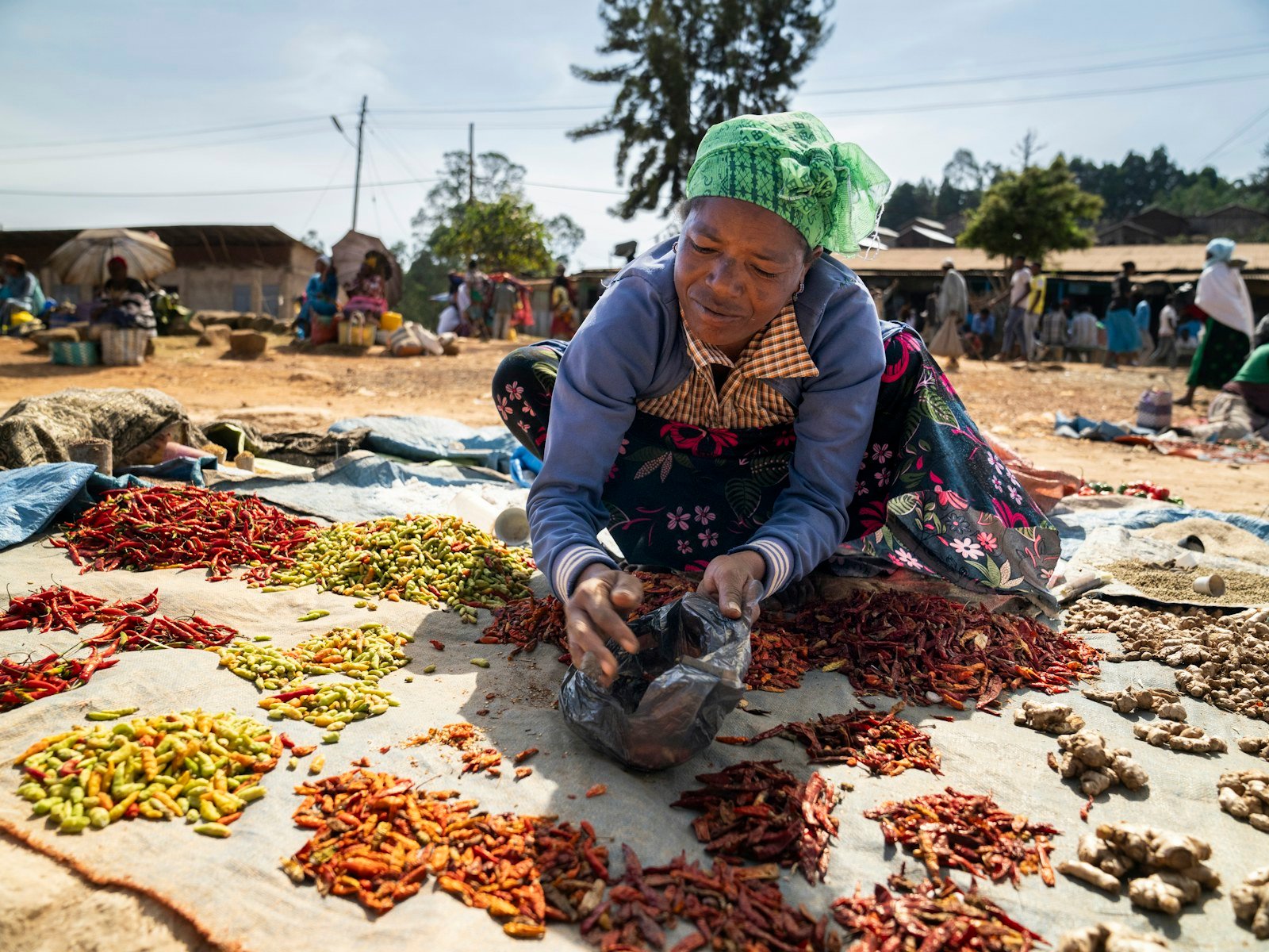 A woman selling spices at an outdoor market in Africa